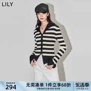 lily2024春女装复古条纹时尚海军，领修身针织开衫叠穿打底衫女