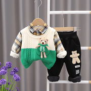 童装男宝宝秋冬三件套装，洋气0-1-2-3岁婴儿，加绒男童薄绒冬装卫衣4
