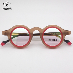 个性磨砂板材圆形小框手工眼镜双拼撞色小众眼镜架配高度数近视女