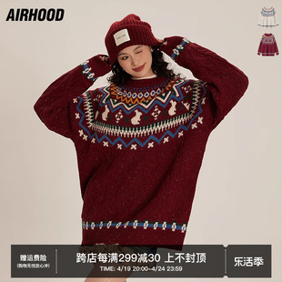 AIRHOOD 秋冬季圆领宽松套头针织衫女斑点麻花情侣圣诞节毛衣