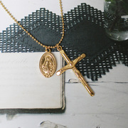 复古风金色圆珠链十字架耶稣圆牌中长链项链女钛钢镀14K金不掉色