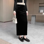 黑色优雅高端丝绒开叉半身裙2023秋冬单裙长裙气质包臀一步裙