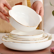 金边骨瓷餐具加深盘子蒸蛋碗双耳，汤碗蒸蛋羹，专用碗创意网红蒸饭碗