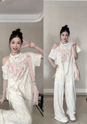 大码胖mm设计感小众破洞T恤女夏不规则露肩圆领甜美甜酷上衣ins潮