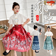 女童马面裙套装国风刺绣短袖长裙两件套汉服表演服国潮民族风套裙