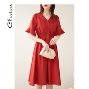 大红色飞袖连衣裙，v领收腰高腰2020夏季中长款裙子女