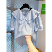 超仙荷叶边蓝色娃娃领雪纺上衣女夏季短袖衬衫漂亮洋气小衫潮2022