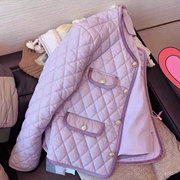 小香风紫色菱格夹棉外套女冬季2023轻薄温柔甜美短款棉衣棉服