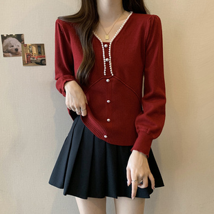小香风红色打底针织衫上衣女装秋冬显瘦设计高级感超好看内搭毛衣