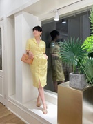 yiwen studio设计师原创进口亚麻西装领短袖包身连衣裙