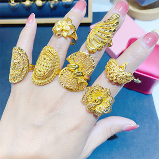 镀金色欧美夸张食指沙金戒指女活口可调节时尚高级法式复古大戒指