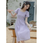 xxs码xs码小个子紫色雪纺，连衣裙高腰修身显高简约款中长裙