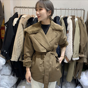 韩版修身毛绒海军领系带双排扣冬季短外套女气质长袖咖啡色风衣潮
