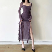 WEIRD PUSS 法式氛围感香芋紫显瘦长袖连衣裙收腰气质不规则长裙