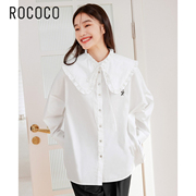 洛可可rococo夏季通勤花边，娃娃领衬衫女宽松长袖，开叉白色棉上衣