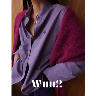 wuu2小众设计精致刺绣紫色，衬衫女宽松加厚长袖叠穿内搭上衣秋冬