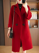 高端大红色双面羊绒大衣女装，冬季长款百搭纯羊毛宽松毛呢外套
