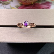 小巧精致天然紫水晶戒指925银镀玫瑰金3*4MM活口戒指