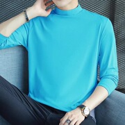 秋季莫代尔长袖t恤男韩版修身天蓝色半高领打底衫薄款男内搭上衣