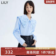 商场同款lily2023女装复古条纹，俏皮娃娃领宽松中长衬衫