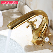 名暖欧式水龙头冷热水全铜金色浴室柜复古洗手盆，坐式龙头双把单孔