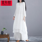 中式汉服女大码长衫棉麻，瑜伽服茶服禅舞服居士，服女白色两件套夏仙
