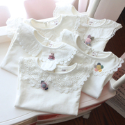 女童打底衫春秋款女宝宝娃娃领白色，婴儿翻领长袖t恤儿童韩版上衣