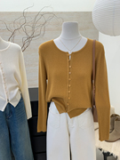 小哲春季韩版圆领单排扣长袖，针织开衫女修身显瘦短款外套上衣