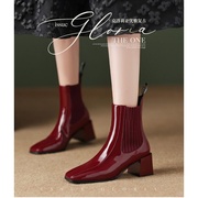 酒红色靴子春秋单靴方头，粗跟高跟短靴，女秋冬皮靴真皮靴大码ljmk