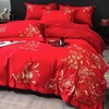 中式绣花结婚四件套大红色床单，被套全棉纯棉婚庆，床上用品婚房喜被