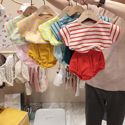 韩国婴儿夏装儿童短裤套装男女，宝宝休闲宽松纯棉，条纹t恤两件套潮