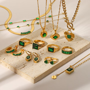 欧美时尚复古风绿色锆石系列，项链耳环手链戒指气质女士不锈钢饰品