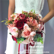 新娘花球欧式手捧花，复古中式仿真花束，绢花酒红色粉色混合玫瑰