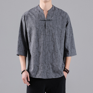 中国风夏季棉麻提花唐装短袖，中式复古汉服t恤男宽松大码半袖茶服
