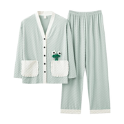 女士绿色可爱花朵开衫格子款对襟春款长袖长裤秋季家居服套装
