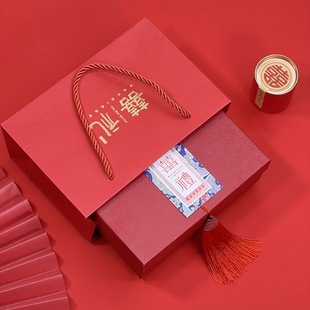 高档中式喜糖盒子红色，空盒国风伴手礼盒，复古简约婚礼糖盒配手提袋