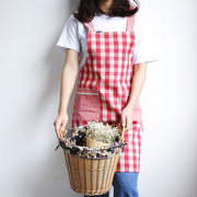 日式格子个性厨房家用棉麻，围裙简约时尚防污背带，摩登主妇无袖罩衣