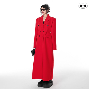 超长大衣正红色显白超大件垫肩廓形收腰宽松沙漏长款西装外套