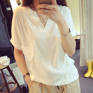夏季大码女装韩版宽松上衣森女布衣短袖t恤v领棉麻衬衫衬
