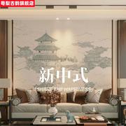 中式国风线描山水画墙纸养生馆包间壁纸大气阁楼书房茶室装饰壁画