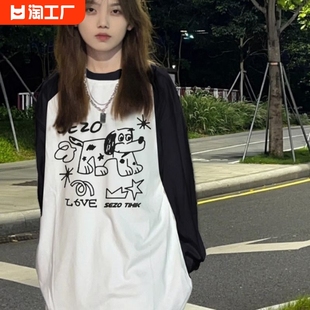 韩版t恤女士长袖印花卡通，图案圆领宽松套头，休闲上衣中长款