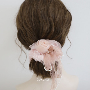 gukuali原创蕾丝大肠发圈玫瑰花朵，扎头发发绳发饰，女头饰头绳粉色