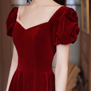 敬酒服新娘酒红色平时可穿2024夏季丝绒礼服在逃公主连衣裙女