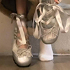 时尚部落银色芭蕾风绑带单鞋子女厚底2024年春秋季软底豆豆鞋