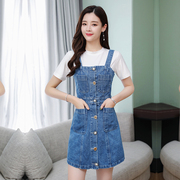 牛仔吊带短裙女2019夏季韩版单排扣修身显瘦高腰小个子背带裙