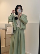 FILLE  薄荷清茶 自制 清新韩版西装外套高腰百褶半裙两件套装女
