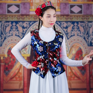 新疆舞演出服短款金丝绒亮片背心维吾尔族舞蹈女士表演马甲