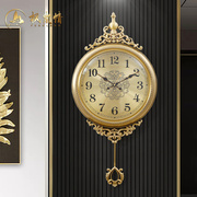 欧式纯铜挂钟客厅家用时尚黄铜贝壳网红装饰摇摆钟表静音时钟挂墙