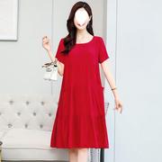 玫红色连衣裙妈妈棉绸女夏装人造棉中长裙中年遮肚色裙子