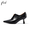 fed黑色高跟鞋女秋季女鞋细跟尖头法式单鞋女裸靴830-YA369